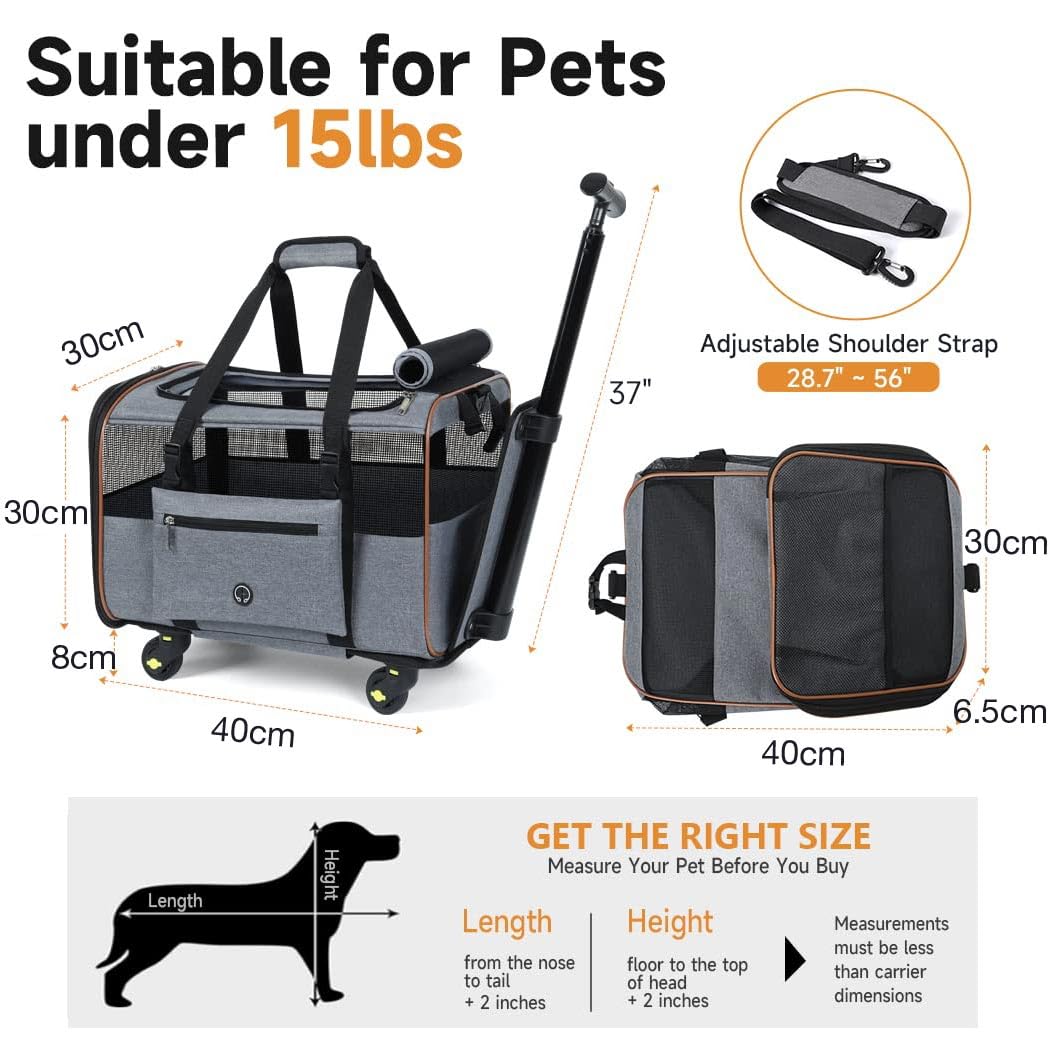 Chariot de Transport pour Chat, Sac de Transport pour Chien avec Chariot, Sac pour Animaux avec Poignée Télescopique, Bol et Bandoulière - Gris