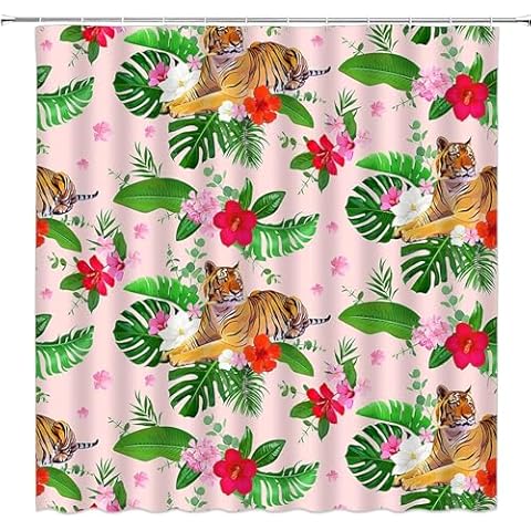 DSMEUE Tiger Palm Leaves Shower Curtain Wildlife Leopard Green Leaf Floral Pink Red Hibiscus Flower Tropical Plant Animal Nature Bathroom Decor Curtain with Hooks,70" Wx70 H Cover