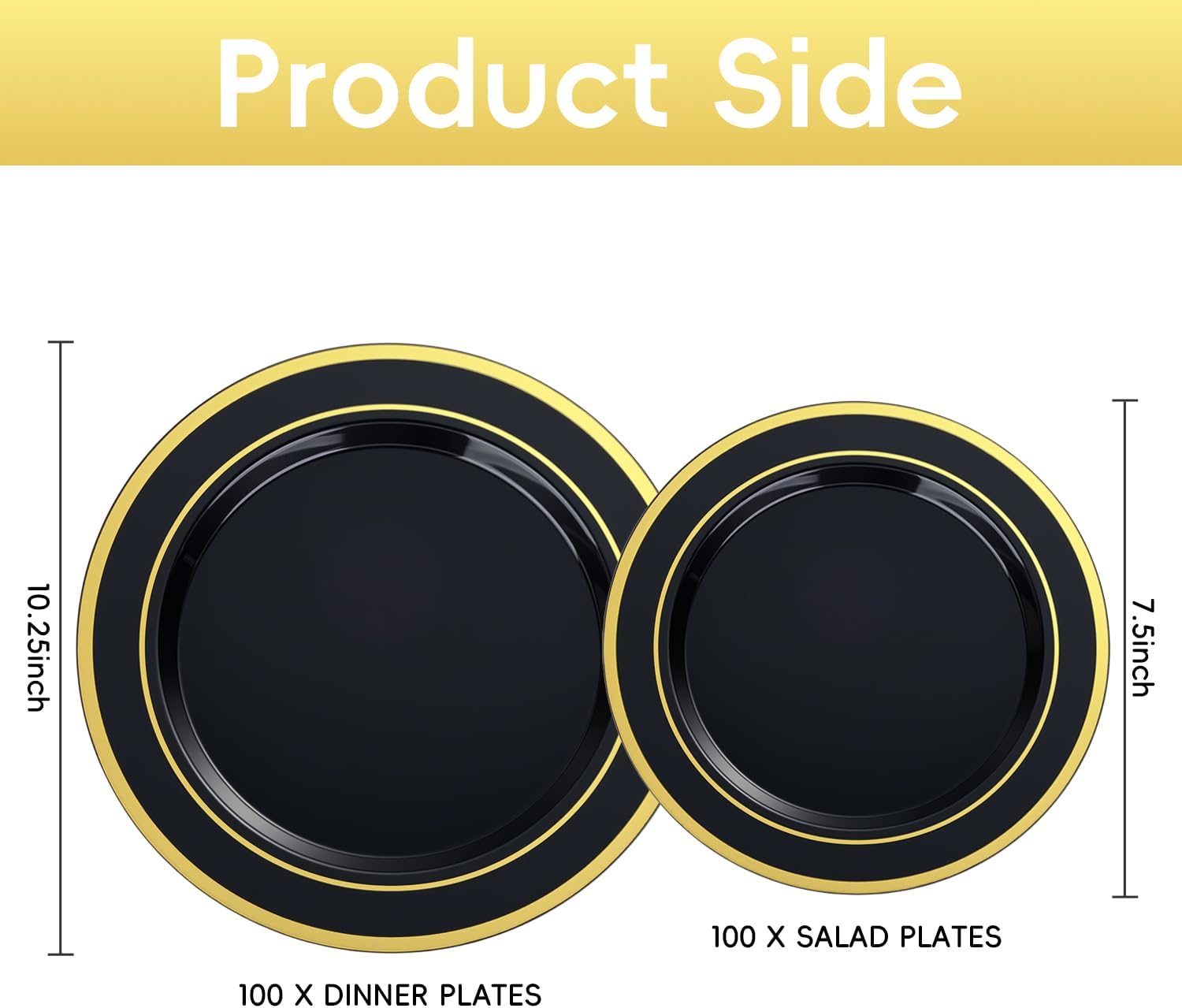 BESTVIP 200PCS Black Plastic Plate with Gold Rim, Disposable Party Plates with 100 Dinner Plates and 100 Dessert Plates, Plastic Plates for Party, Wedding and Birthday
