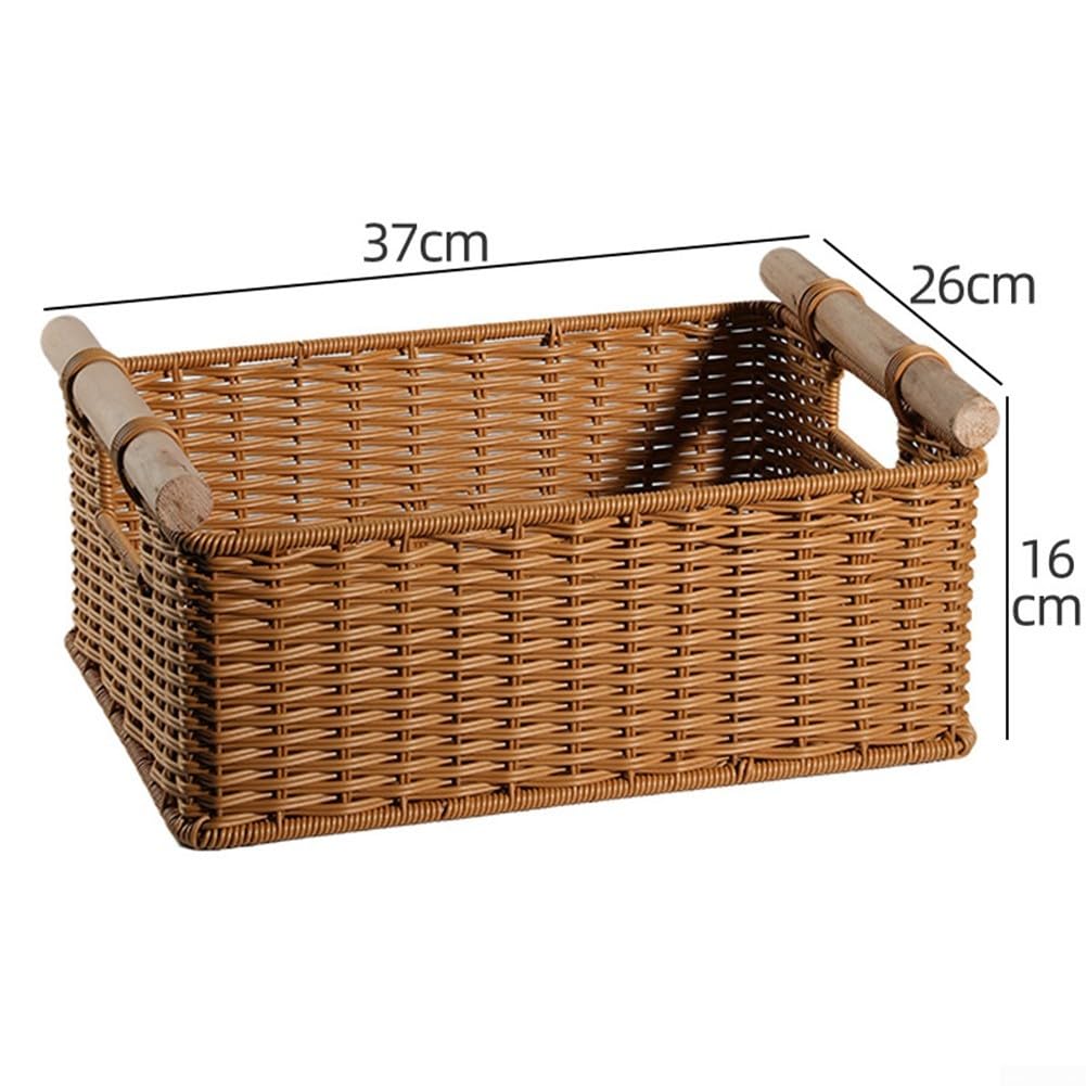 Aufbewahrungskorb Geflochtener Korb Imitation Rattan mit Holzgriff für Bad Küche Wohnzimmer Organizer Box 30x30x21cm(1)