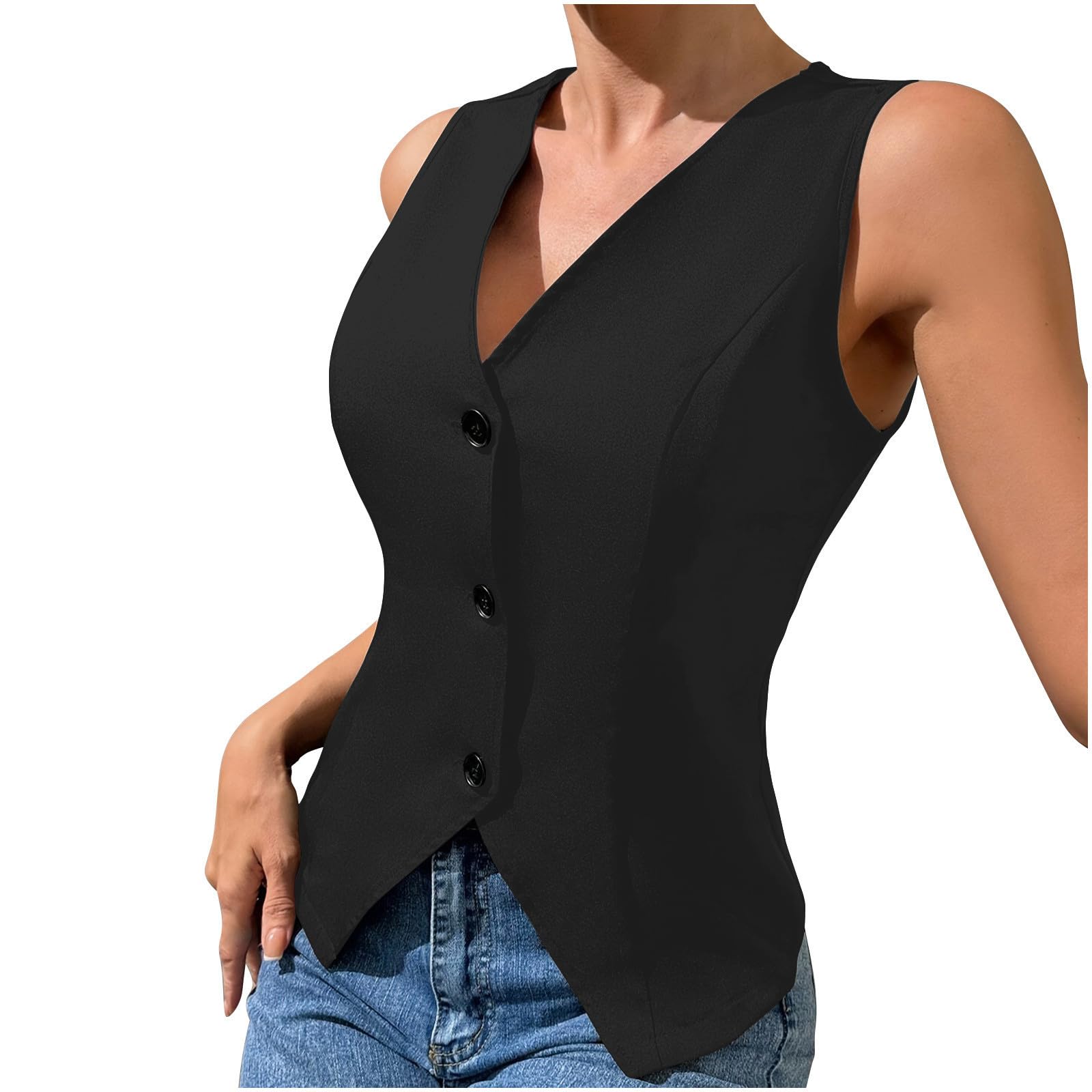 Womens Blazer Vest V Neck Sleeveless Button down Vest Work Casual Fitted Waistcoat Trendy Suit Tops Summer Dressy
