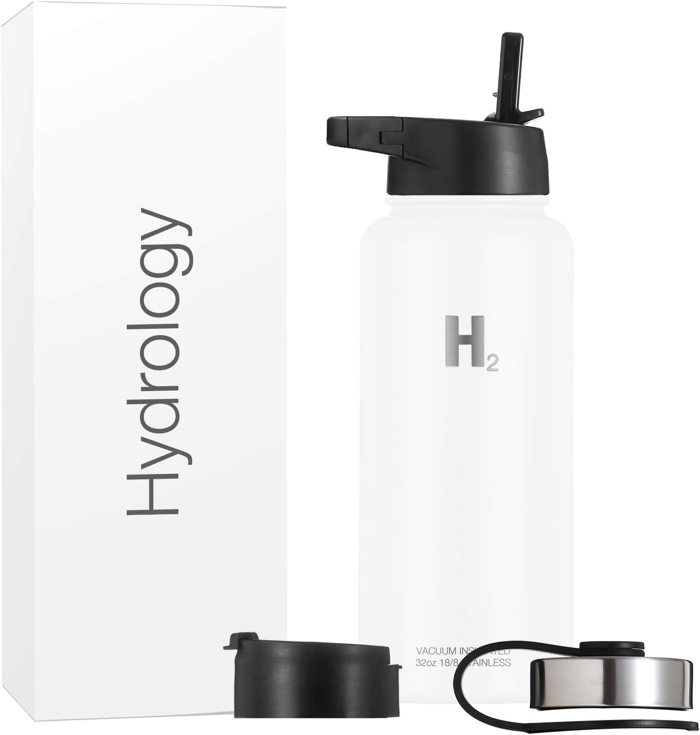 H2 HYDROLOGY Water Bottle - 18 oz, 22 oz, 32 oz, 40 oz, or 64 oz with 3 LIDS Double Wall Vacuum Insulated Stainless Steel Wide Mouth Sports Hot & Cold Thermos (32 oz, White)