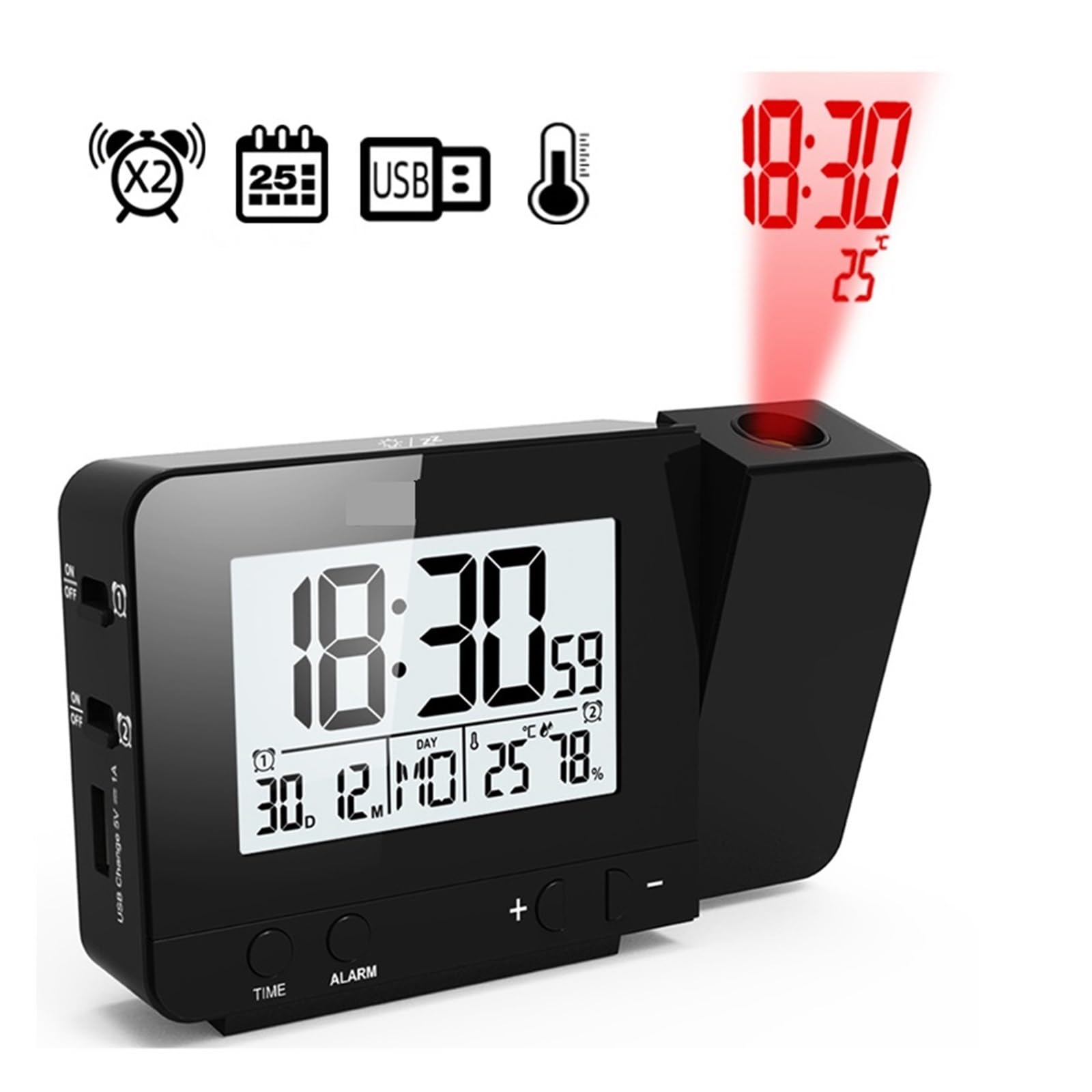 Cyfrowy Projektor Budzik LED Elektroniczny Stół Drzemka Podświetlenie Temperatura Wilgotność Biurko Zegar Z Projekcją Czasu WyraźNy Obraz(Black)