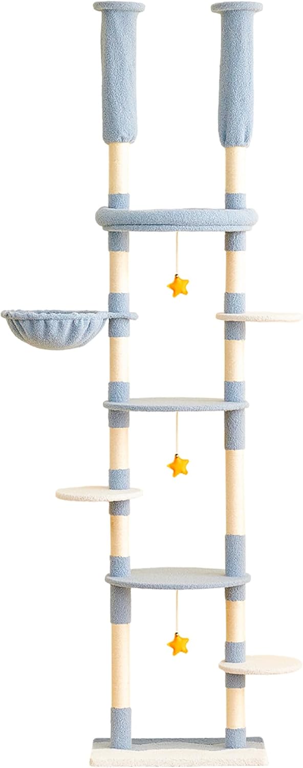 Cat Tree, Floor to Ceiling Cat Tower Adjustable Height[92-102 Inches=234-258cm], 7 Tiers Cat Climbing Tree with Hammock, Platforms and Fully Sisal Scratching Posts for Indoor Cats, Blue