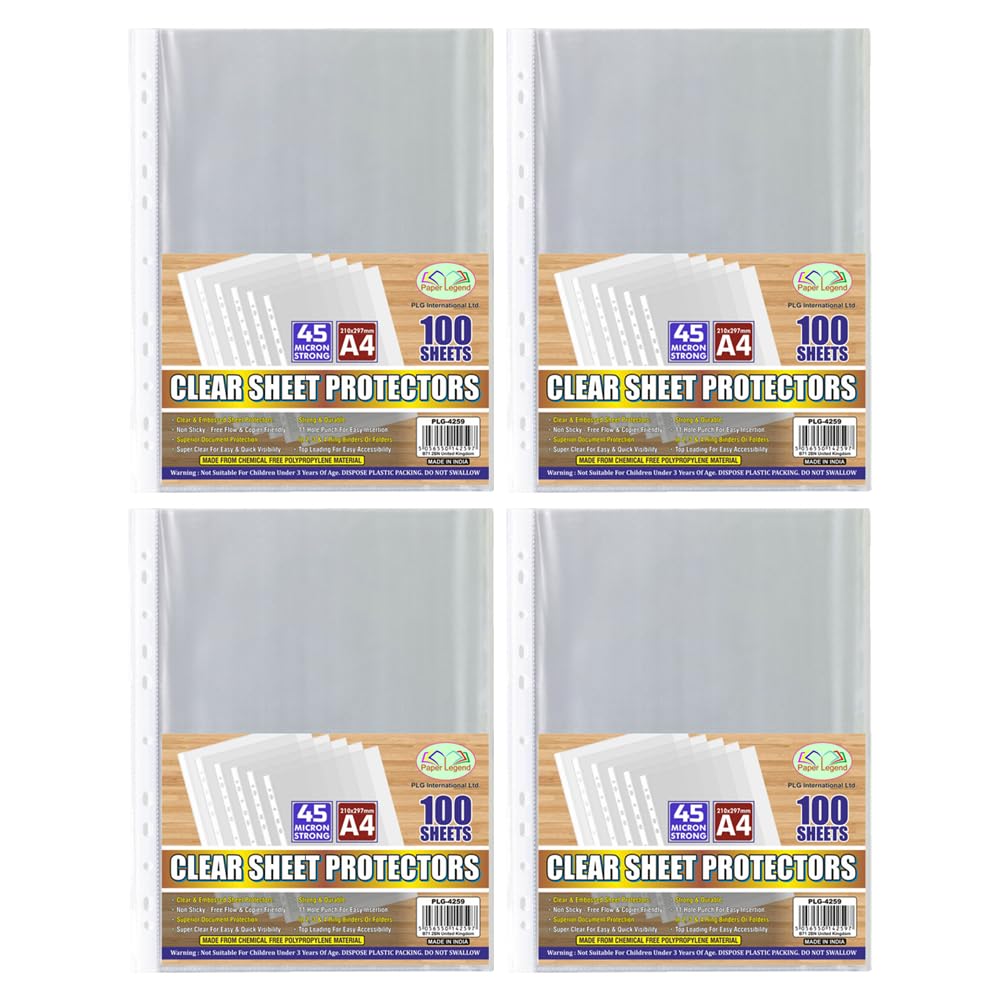 A4 Clear Plastic Punched Pockets Pack of 400 Sheets - Glass Polly Pockets Filing Folders Wallets Sleeves with Punched Reinforced Spine - for Home Office and School Document Files (45 Microns)