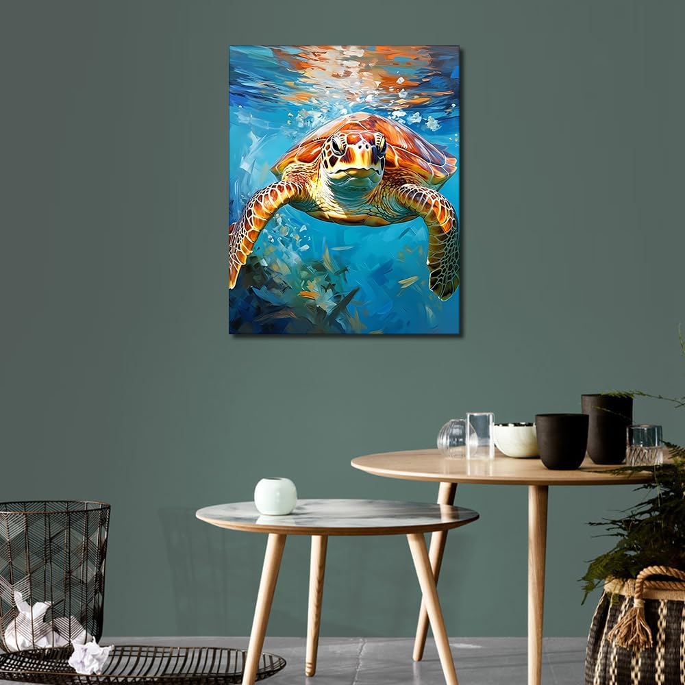 Turtle Painting by Numbers for Adults, Number Oil Painting Kit, Turtle Swimming in The Water Paint by Numbers Kit for Adults Beginner, Framed Paint by Number for Gift Home Wall Decor