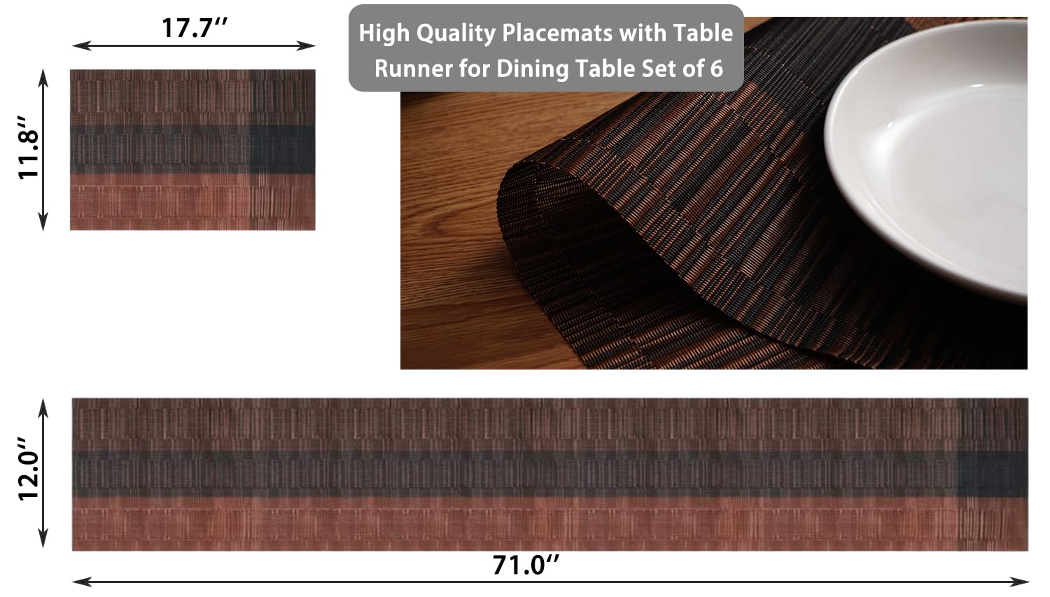 ADRIMER Tischsets Set mit Tischläufer, Küchentischmatte aus gewebtem Vinyl, abwischbare PVC-Tischmatte für Esstisch, Party, Bauernhaus, Thanksgiving, Weihnachten und Meeting (Braun)