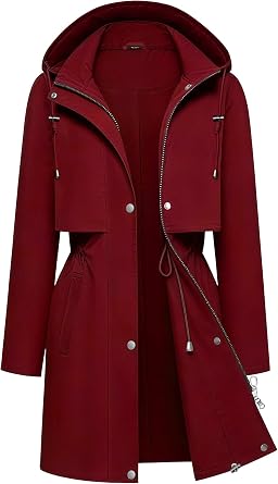 Women Rain Jacket Long Hooded Raincoat Trench Coat Windbreaker Waterproof with Hood, for Sports & Outdoor