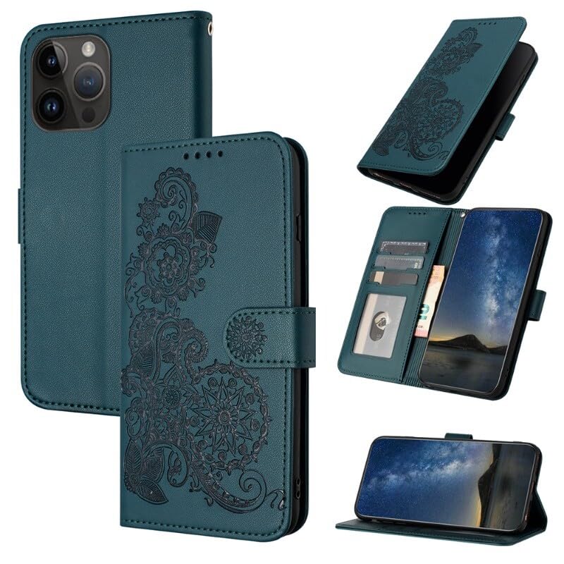 Étui en cuir iPhone 14 Plus à rabat style portefeuille élégant vert foncé