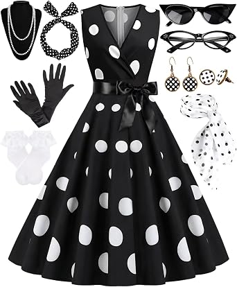 VillbeCoser 1950s Polka Dots Dress Women V-Neck Sleeveless Swing Vintage Cocktail Tea Party Dresses Retro Accessories