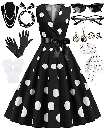 VillbeCoser 1950s Polka Dots Dress Women V-Neck Sleeveless Swing Vintage