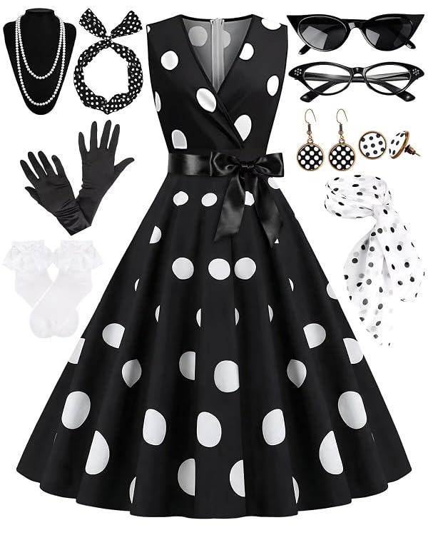 VillbeCoser 1950s Polka Dots Dress Women Sleeveless Vintage Dresses 50s Outfits Retro Accessories(Black-M) by VillbeCoser - Used condition - US$40.14