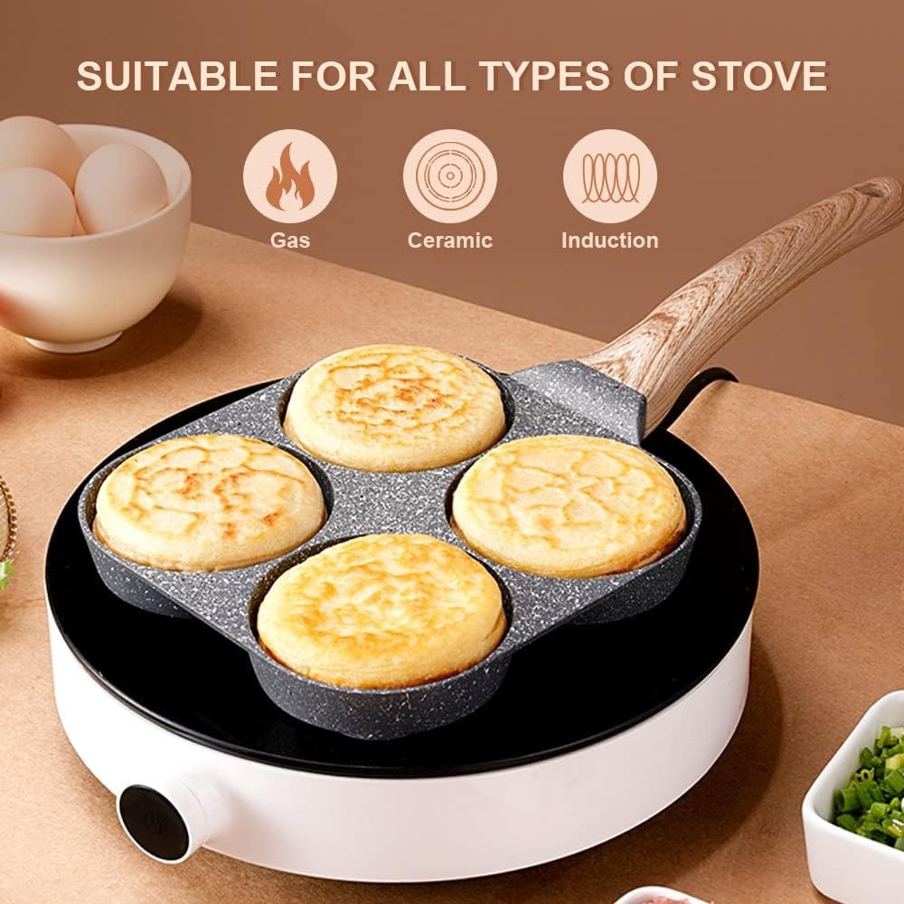 Cazuela 4 Cups Egg Pan Omelette Pan Frying Pan Egg Frying Pan 4 Cup Crepe Pan Granite Egg Cooker Breakfast Pancakes Pan Suitable for Gas Stove & Induction Cookware (Wood Grain Handle) 1