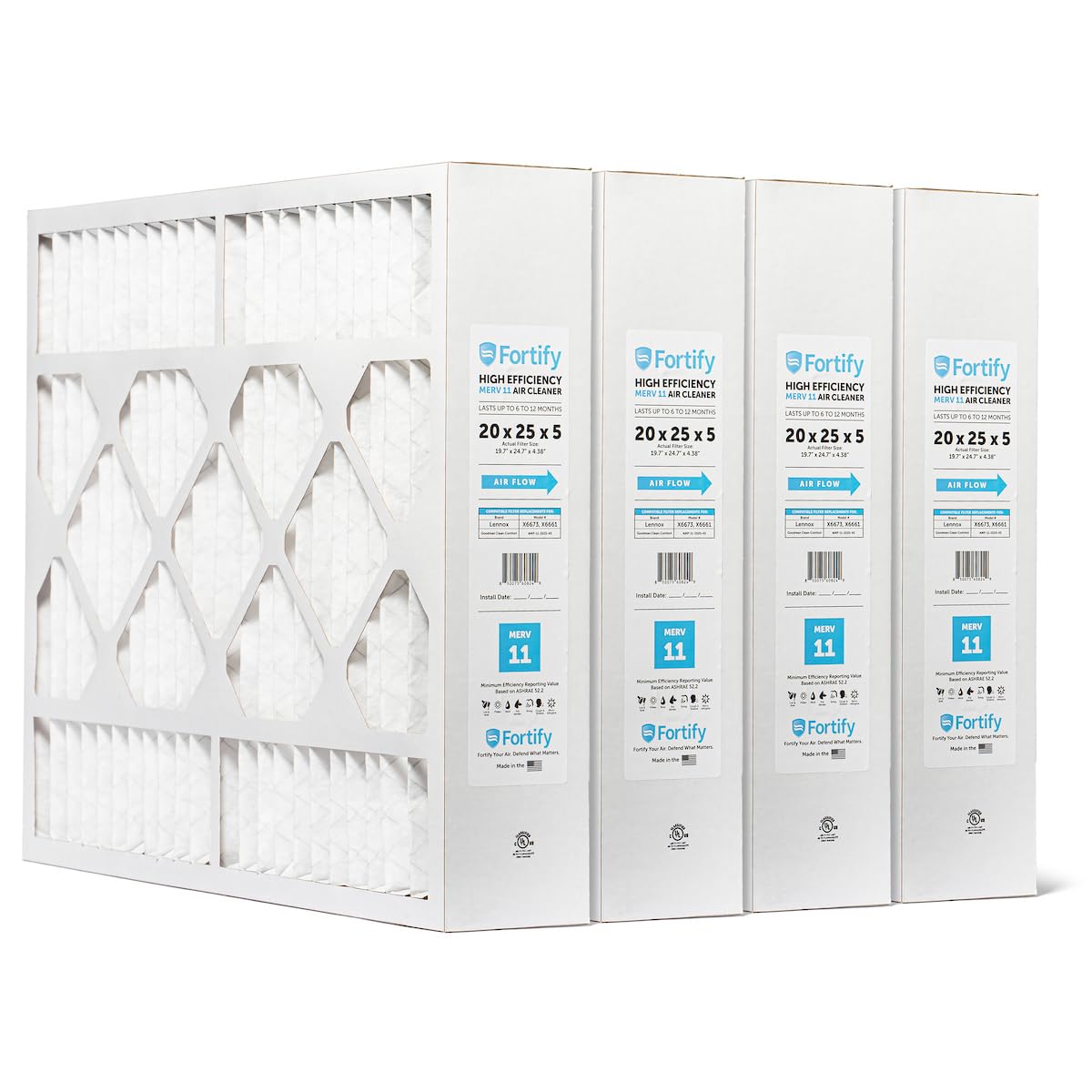 Fortify 20x25x5 MERV 11 Furnace Air Filter Fits Lennox. 4-Pack