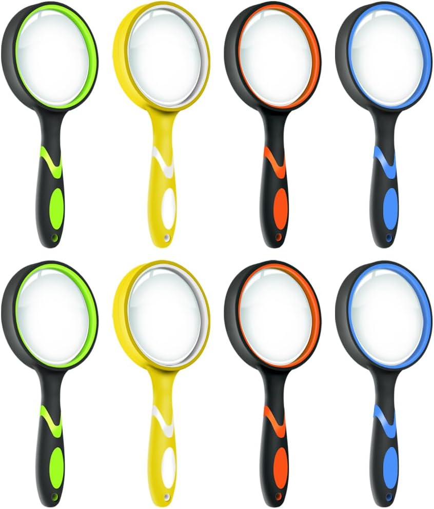 Leffis 8 Pack Magnifying Glass, 50mm 10X Glasses Lens Reading Magnifier for Kids and Seniors, Non-Slip Handheld Magnifying Glass for Close Work, Nature Exploration