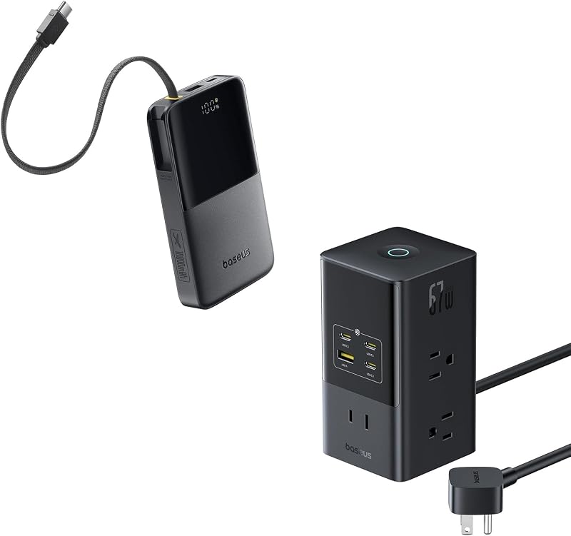 Estación de carga de 67 W, cargador de escritorio de carga rápida USB-C PD 10 en 1 con protección contra sobretensiones de 1200 J y cargador portátil Baseus, banco de energía de carga rápida PD de 22,5 W 10000 mAh