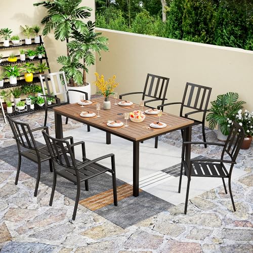 Image of PHI VILLA Patio Dining Set for 6, Stackable Chairs&Wood-Like Table | 65 inch Brown Wood-Like Metal Steel Dining Table & Black Iron Chairs, Patio Furniture Set for Patio, Deck, Yard, Porch