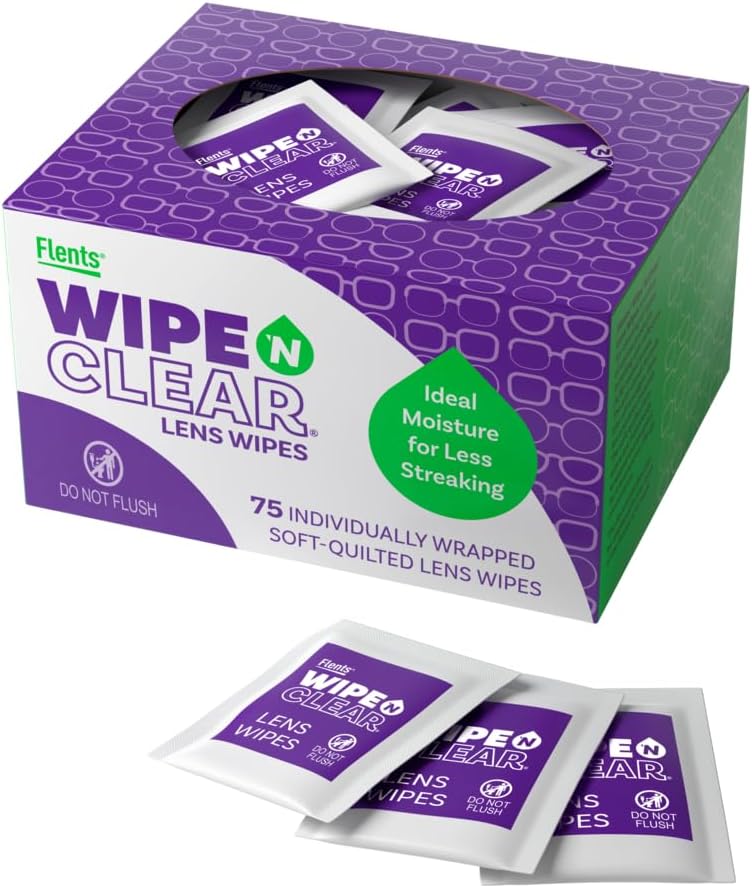 Flents Wipe ’N Clear Biodegradable Lens Wipes, 225 Count Pre-Moistened Eyeglass Cleaner Wipes for Glasses, Screens, and Lenses, Anti-Streak, Quick Dry, Individually Wrapped