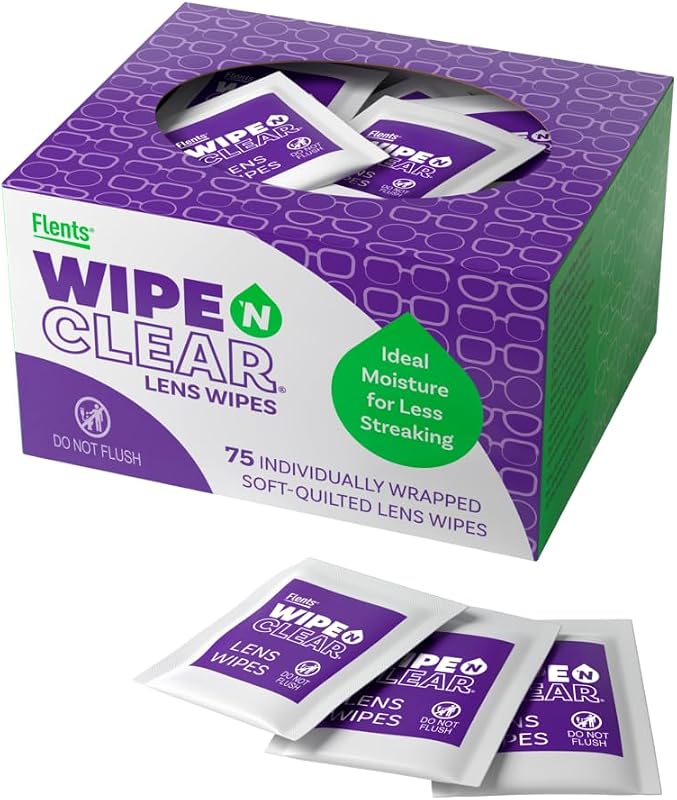 Toallitas para lentes Flents, Wipe 'N Clear, prehumedecidas y sin rayas, 75 unidades | Seguro para lentes, lentes de sol, limpieza suave, visión clara, envuelto individualmente para viajes y comodidad, fabricado en EE. UU.
