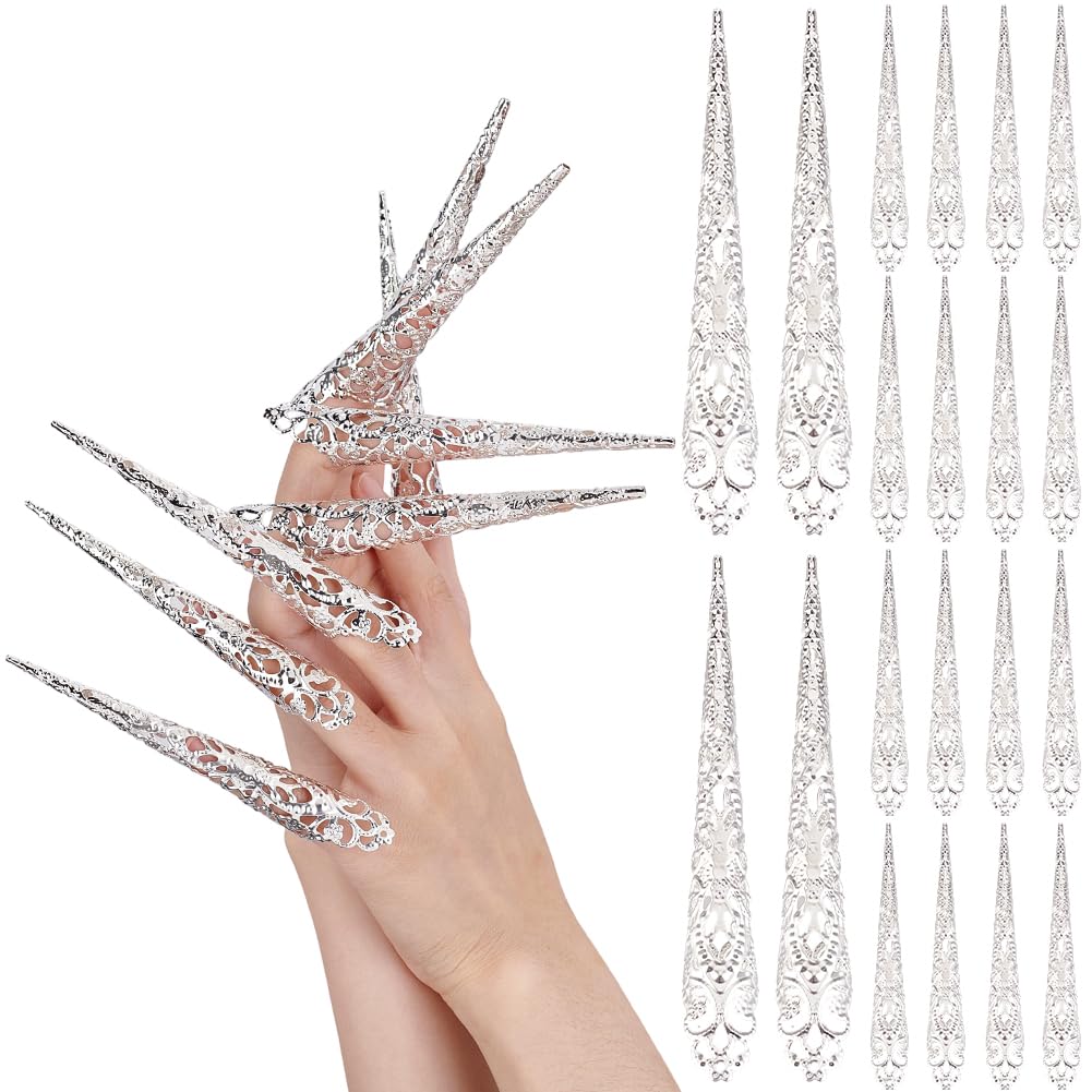 CREATCABIN 20 Pcs Halloween Finger Nail Claw Rings Silver Metal Fingernail