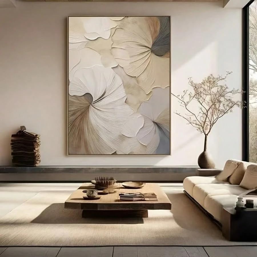 Décoration murale florale japonaise beige et grise SPXLUCAU pour salon chic 70x90cm