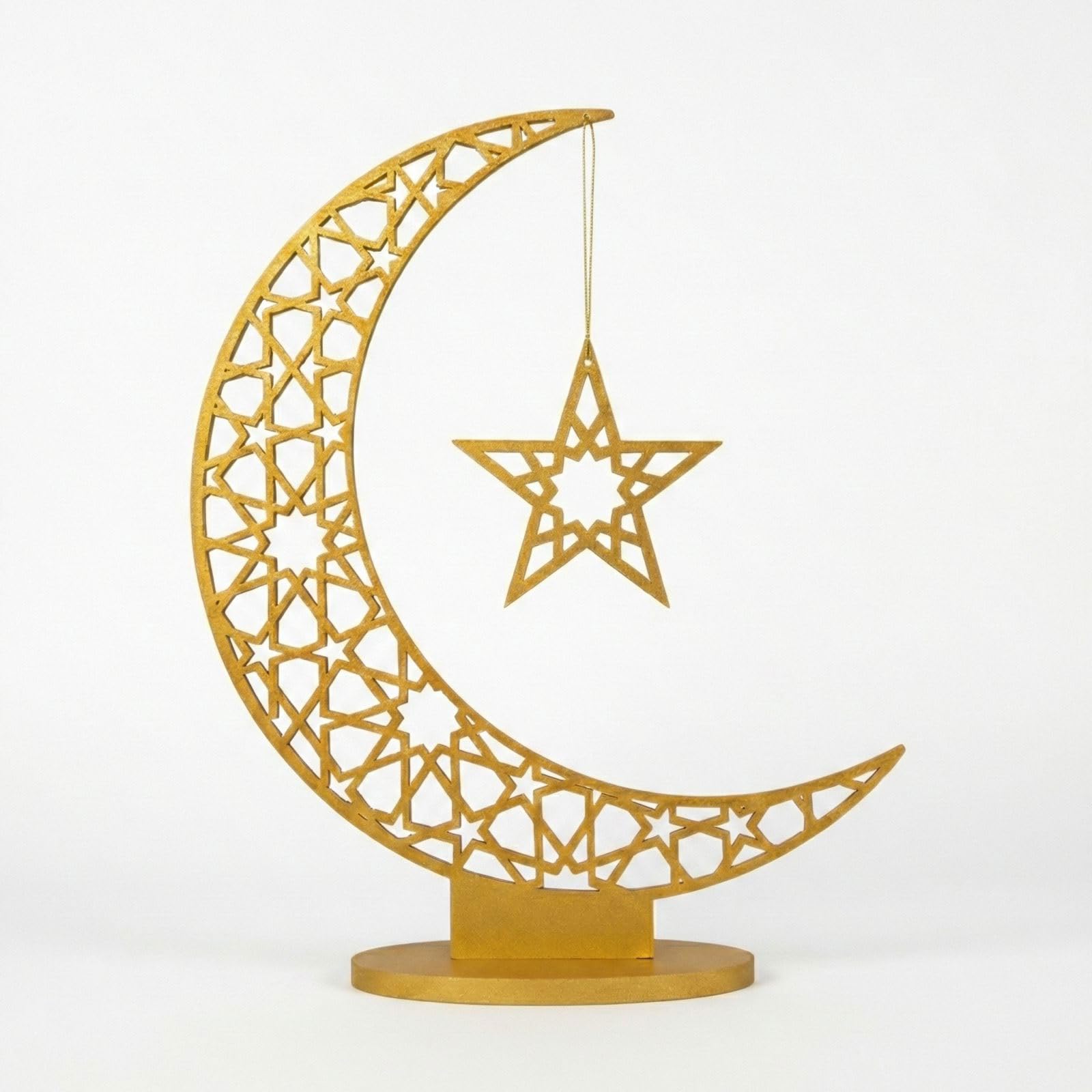 Crescent Moon with Hanging Star Table Decor, 30 x 24 cm, 5mm MDF Gold Glitter Finish, Ramadan Table Decor, Eid Decoration, Islamic Home Decor Centerpiece