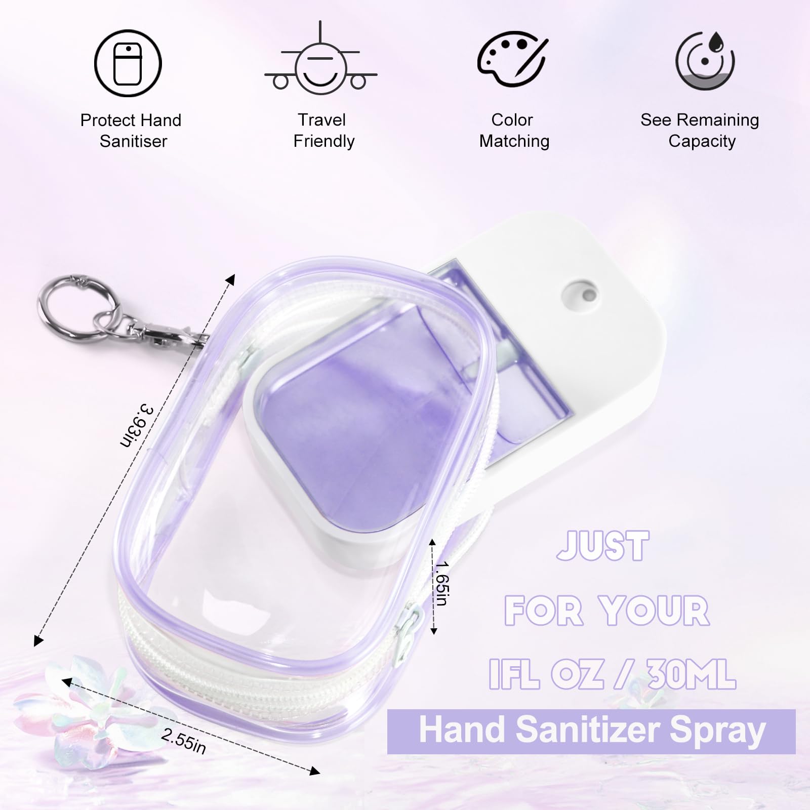 Condition photo showing New/Like New for Hand Sanitizer Spray Clear Case for 1FL OZ/30ml, 3 Pack Hand Sanitizer Holder Zippered Pouch, Mini Clear Makeup Bag, Figures Display Bag, with Keychain Snap Hook (Black & White & Purple)