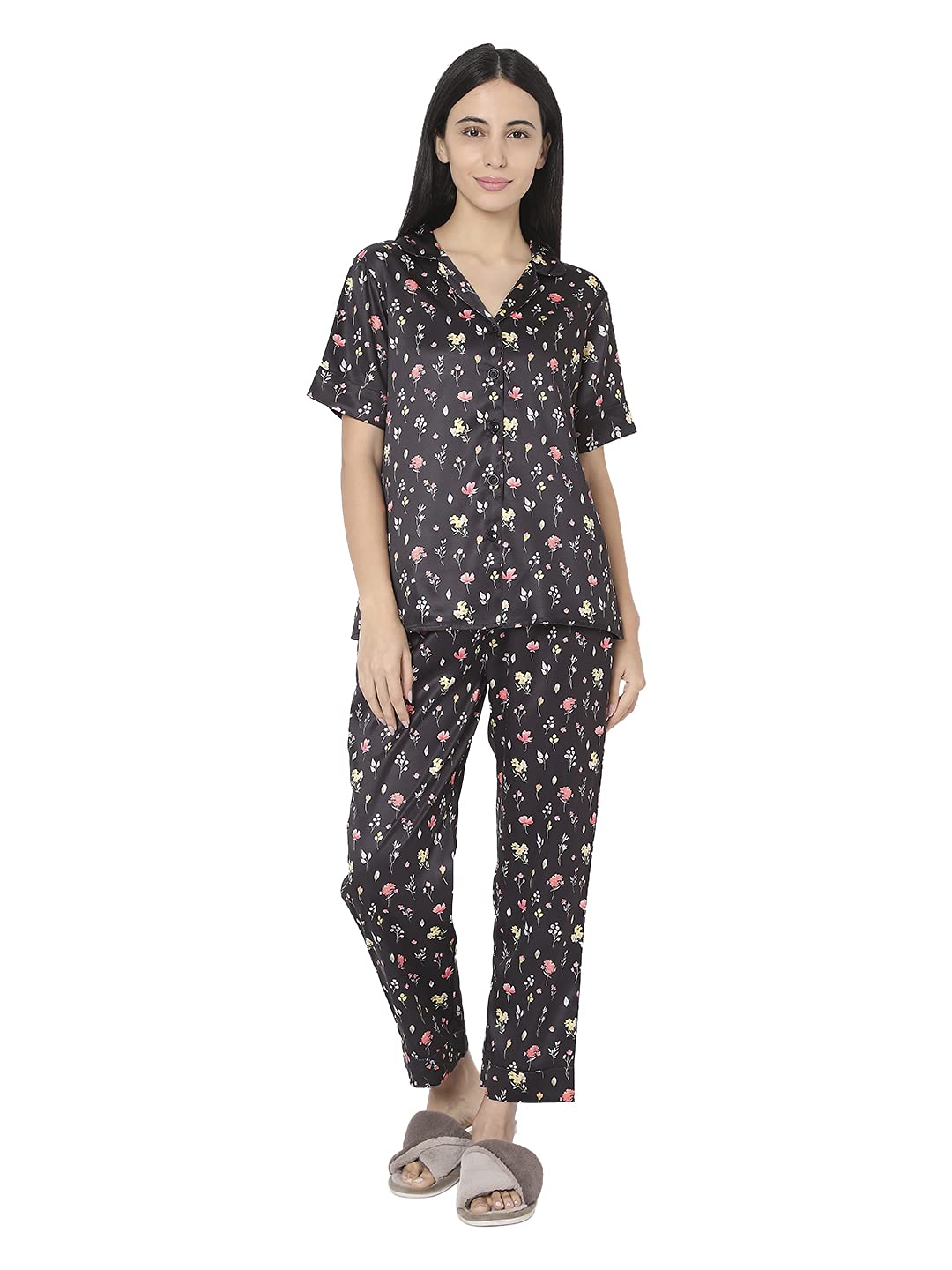 Smarty PantsWomen's Silk Satin Black Floral Print Night Suit
