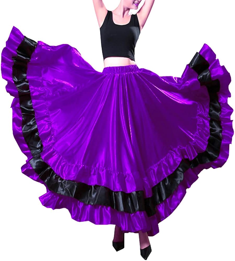 Falda larga de satén con capas rojas y negras para danza del vientre de flamenco español, disfraz de espectáculo folklórico de México