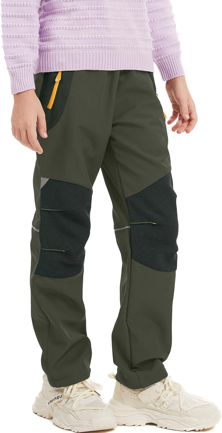 Kids Boys Snow Pants, Girls Outdoor Fleece Lined Softshell Ski Hiking Fishing Winter Warm Insulated Pants 9055 Army green-L - Image 4