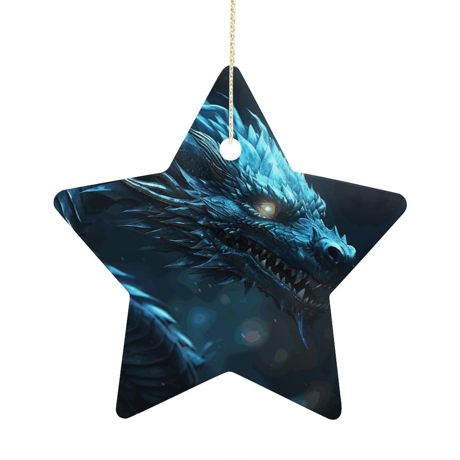 Cyan Dragon Stars Ornaments Ceramic Christmas Tree Hanging Light in Weight Christmas Star Pendants Funny Double-Sided Printed Xmas Ornaments for Gifts