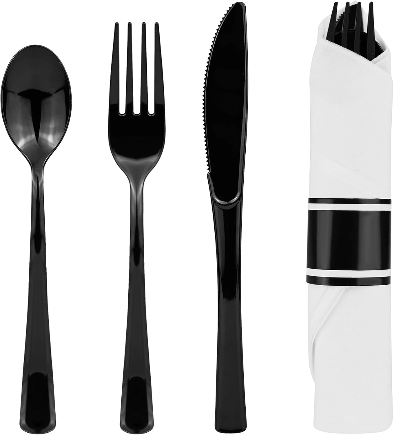 100Pack Black Plastic Silverware, Disposable Plastic Silverware with Napkins, Pre Rolled Black Spoons Forks Knives wiht Napkins, Heavy Duty Wrapped Cutlery Set for Party Wedding
