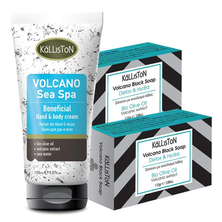 Kalliston Organic Oil Oil and Volcanic Lava Soap (2) and Volcano Sea Spa Hand and Body Cream 5.07 oz, Combo Set, Pack of 3