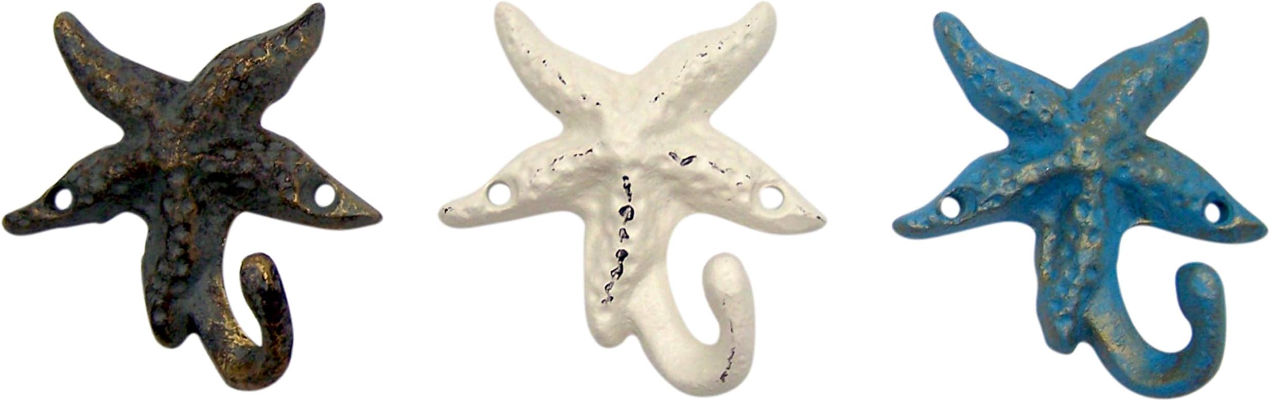 Wowser Cast Iron Starfish Wall Hooks, Assorted Colors, Set of 3, 4.25 Inches