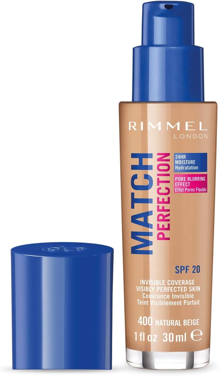 Rimmel Match Perfection Foundation 400 Natural Beige, Medium Coverage, 24hr Hydration, No Caking or Creasing, Lightweight, Reduces Imperfections, Invisible Coverage, SPF20, Cruelty Free