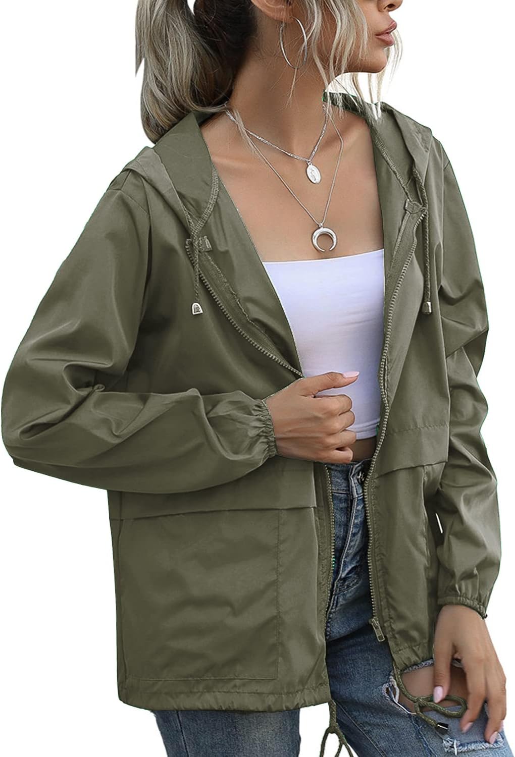 PESION Women's Waterproof Raincoat Lightweight Rain Jacket Hooded Windbreaker with Pocket for Outdoor - Image 2