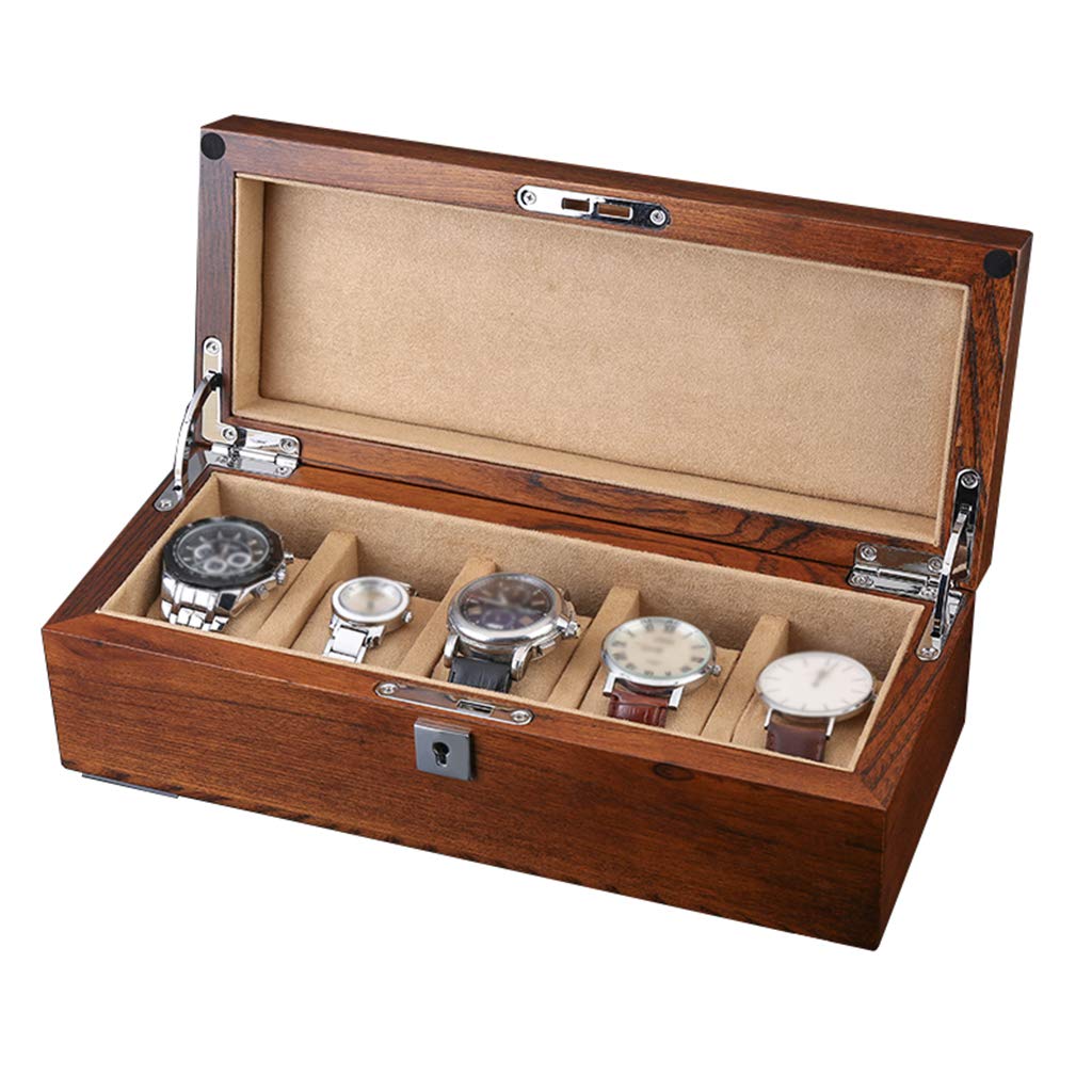 ANVLOJRIH 5 Grid Watch Box Luxury Jewelry Organizer - Premium Quality- with 5 Brown Removal Storage Pillows and Lockable Metal Buckle