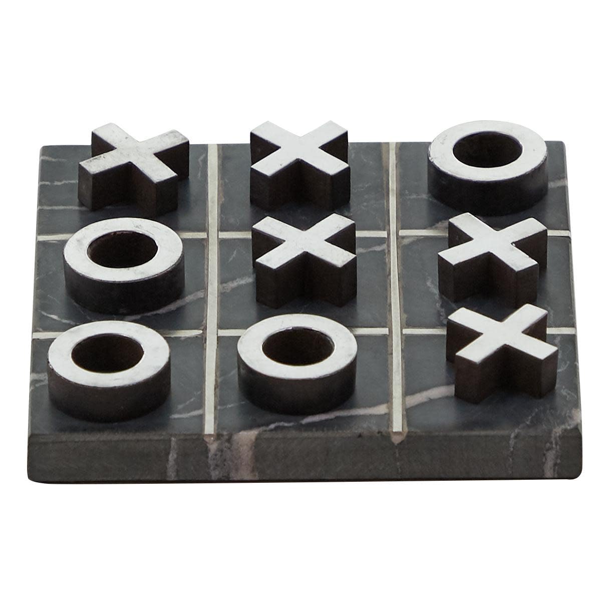 Marble Tic Tac Toe Game Set with Silver Inlay, 6" x 6" x 1", Black
