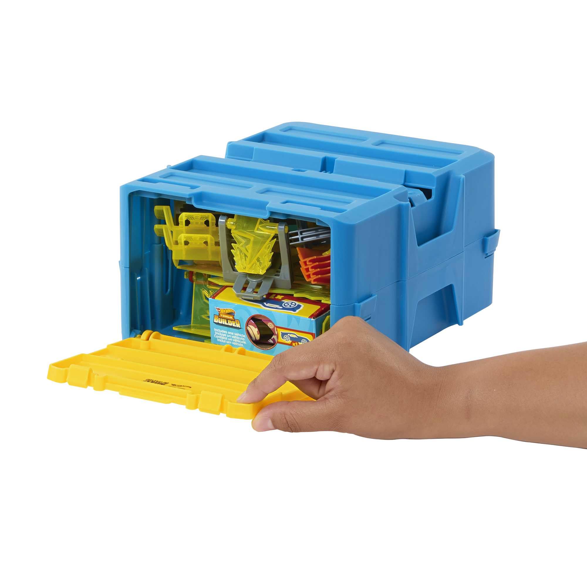 Hot Wheels Coffret Track Builder Éclair avec 1 Voiture, 12 Éléments De Piste, Boîte De Rangement Empilable, Thème De La Foudre, Jouet Enfant, Dès 4 Ans, HMC03