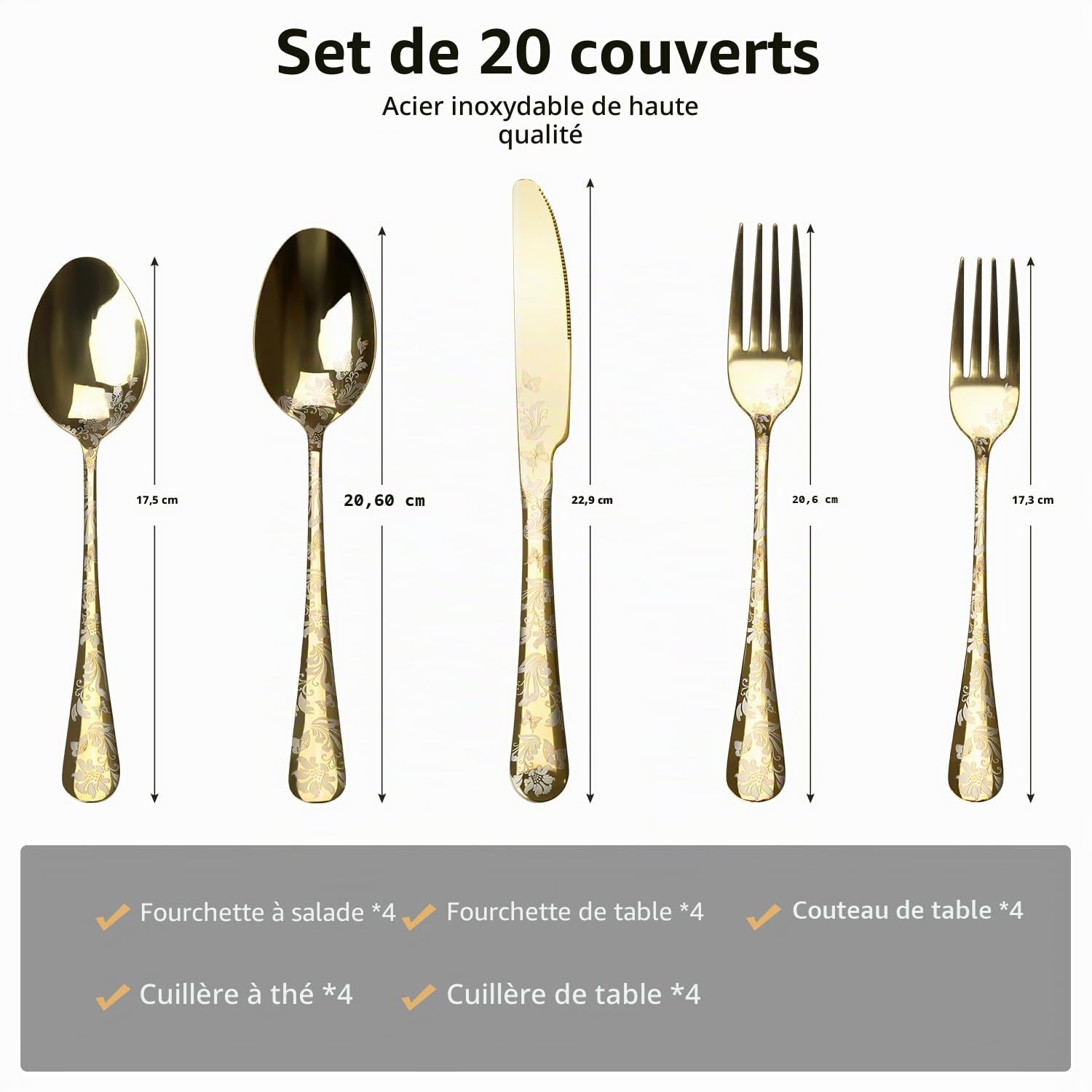 Aoresac Ensemble de Couverts en Acier Inoxydable pour 4 Personnes, Or2 | Couverts de Table 20 pièces y Compris Couteau Fourchette Cuillères pour Cuisine Restaurant Fête avec Motif Floral