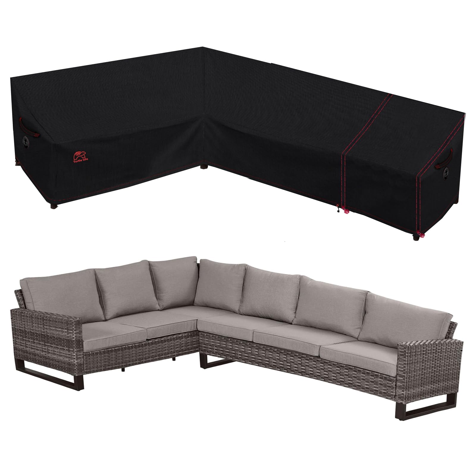 Turtle Life Copertura per Divano da Giardino a Forma di L, Impermeabile, per Divano ad Angolo, Colore Nero, 228 cm + 300 cm (a Destra)