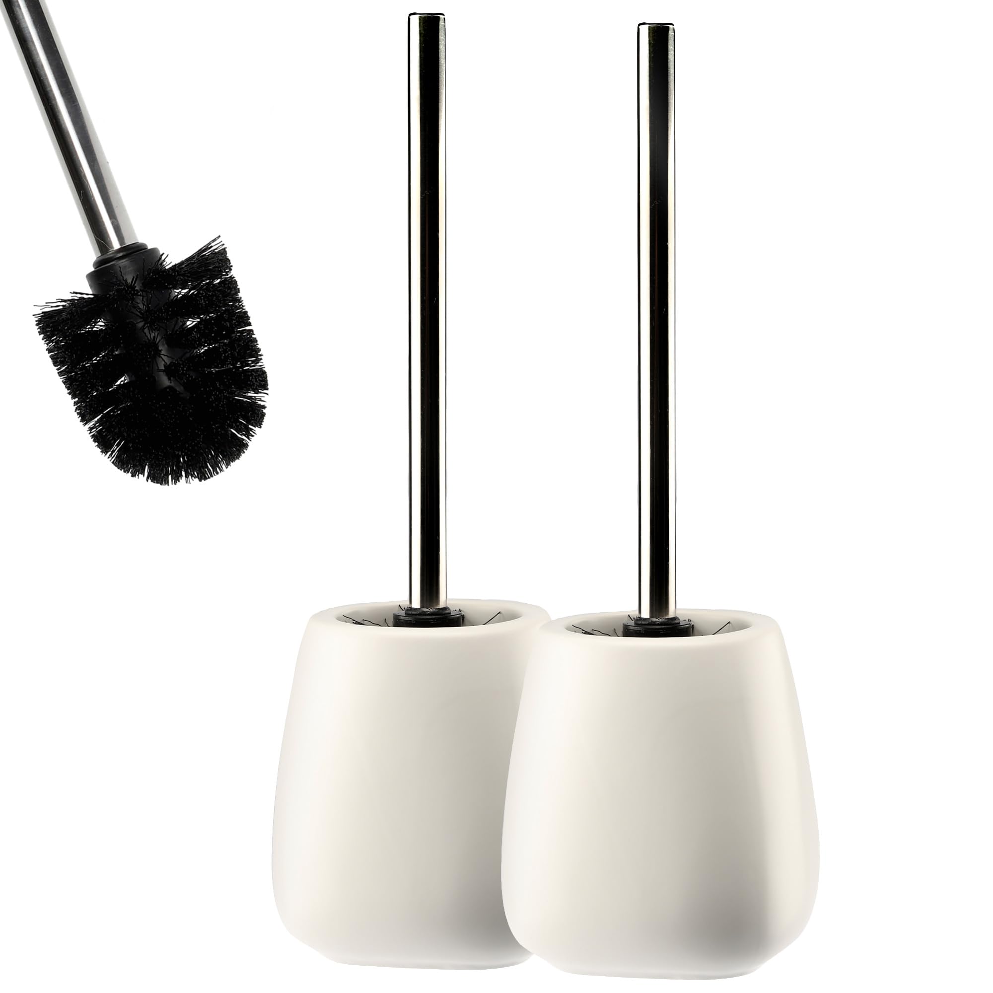 KADAX Escobilla de Baño con Base de Cerámica, Mango Largo de Acero y Cerdas Duraderas para una Limpieza Profunda de Inodoros (Set de 2, Blanco)