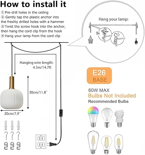 Miniatura 3 de Lámpara colgante de cristal con enchufe de oro blanco, lámpara colgante moderna de mediados de siglo con cable enchufable, lámparas colgantes