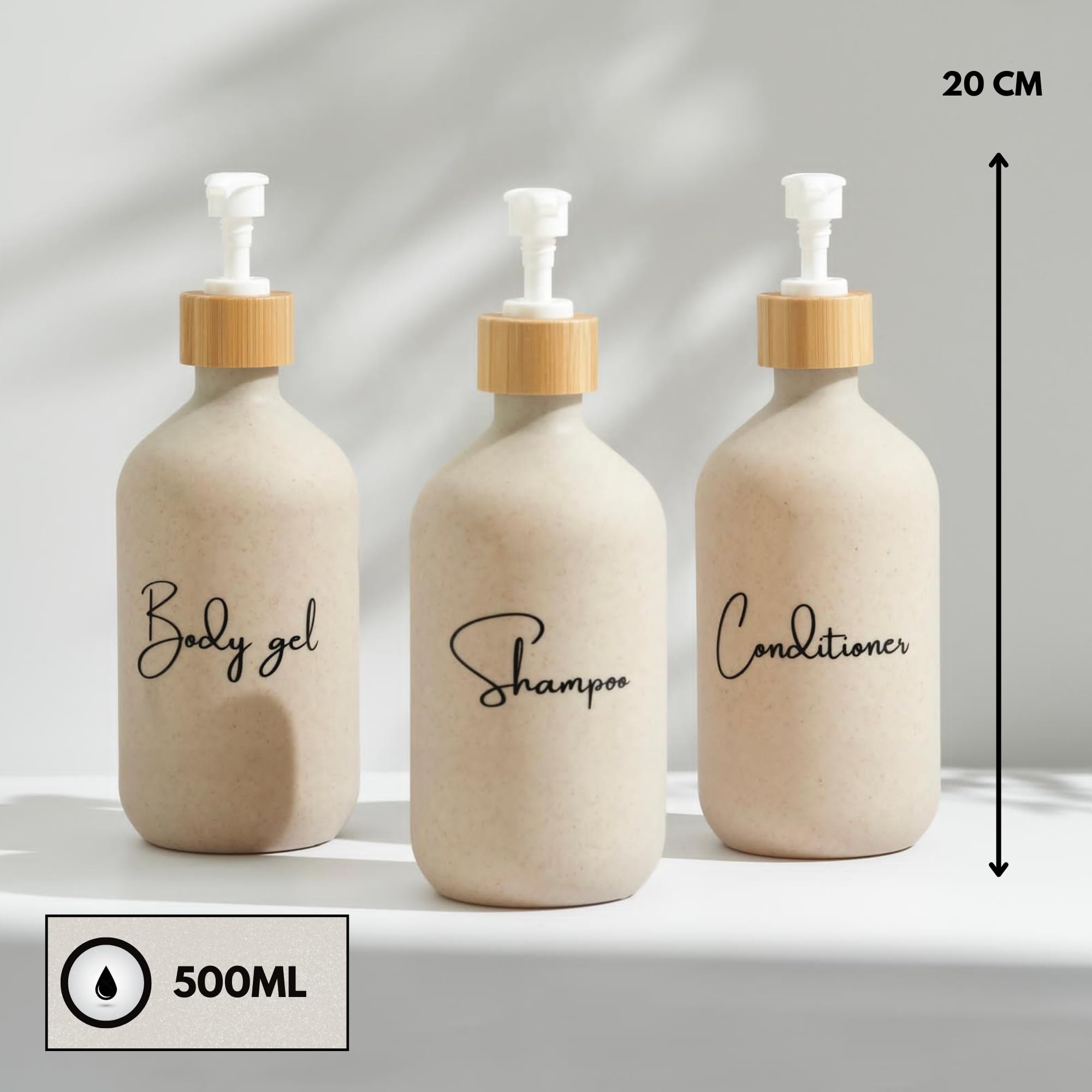 Dispensador jabon baño 500ml Beige con Detalle de bambú - Set de 3 Botes para Gel y champu acondicionador - Dosificador jabon baño Elegante y Funcional para Mantener la Ducha ordenada y Decorada