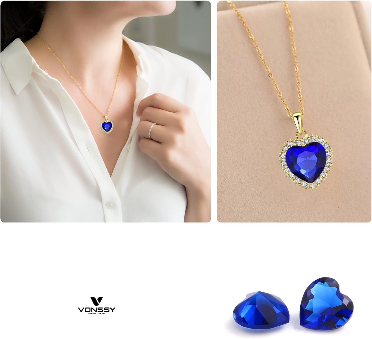 VONSSY Classic Heart Pendant Gemstone Necklace | Crystal Cubic Zirconia Birthstone Ruby Emerald Sapphire Necklace| 18K Platinum Gold Plated Chain | Vintage Meaningful Jewelry Gift for Mother Wife - Image 4