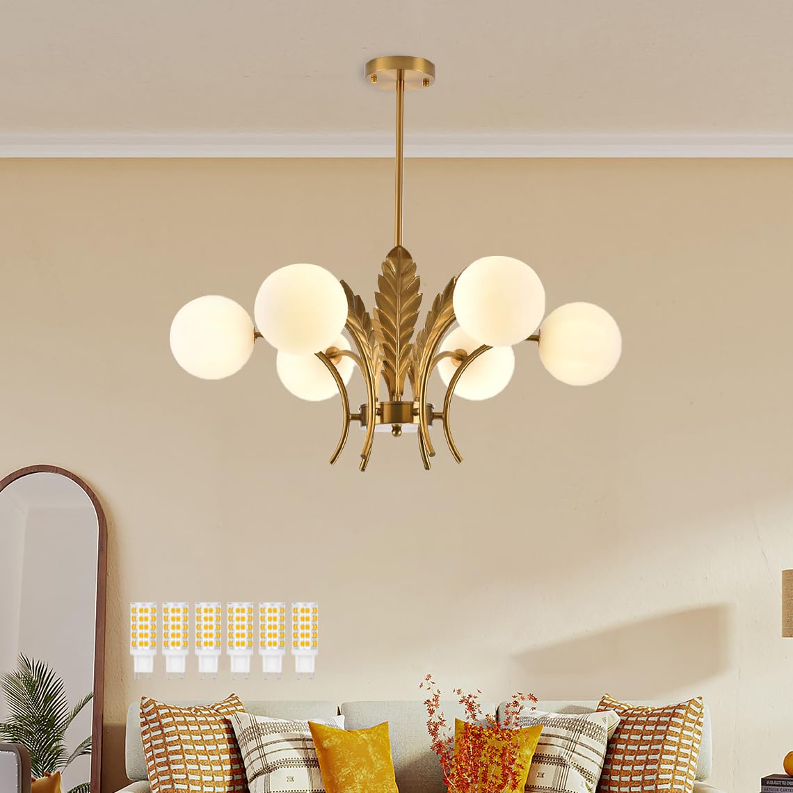 Modern Sputnik Chandelier Mid Century Ceiling Pendant Light, 6 Lights Glass Globe Chandelier with Leaf Deco (White)