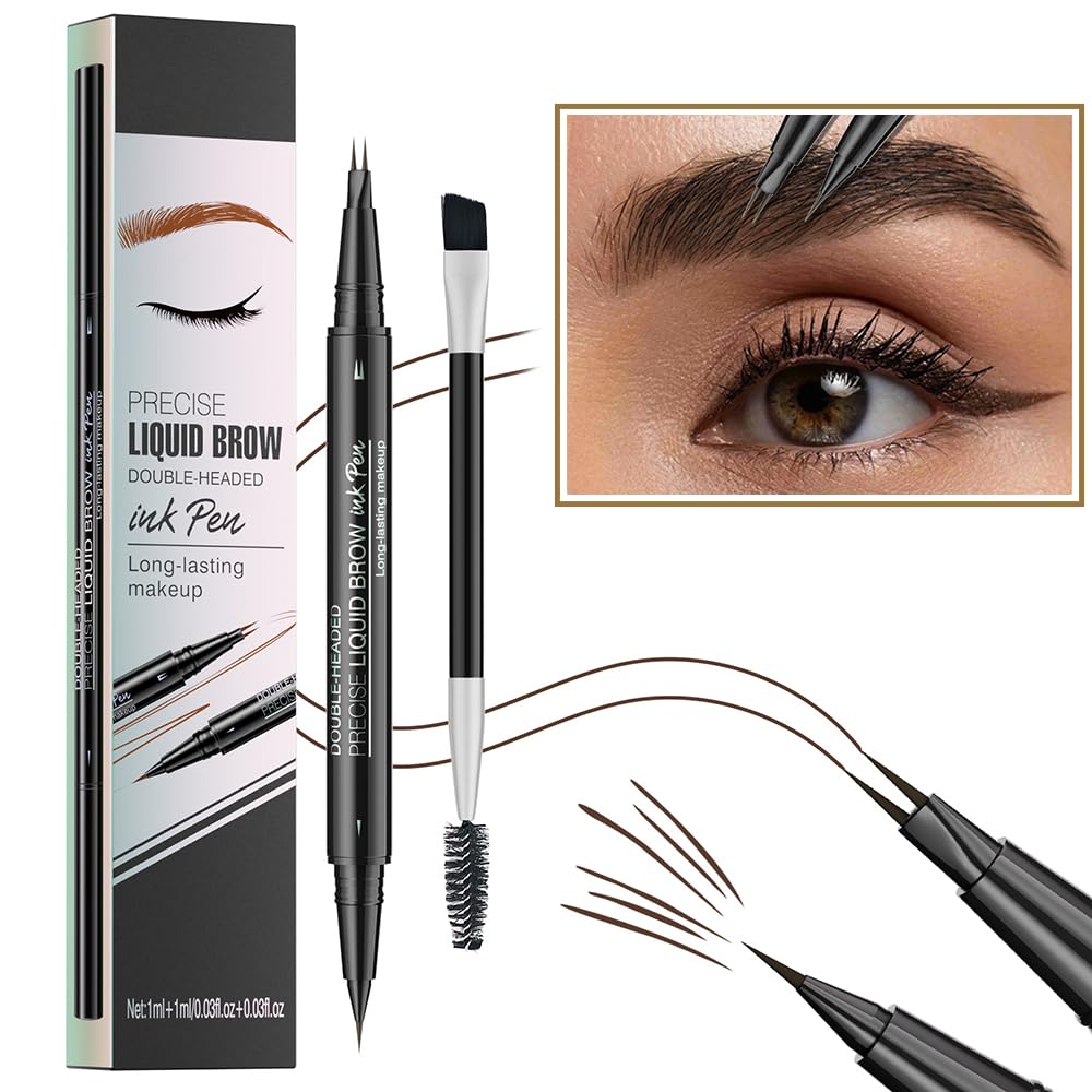 Pinkiou Microblading Eyebrow Pen, 2-In-1 Waterproof Eyebrow Pen, Dual-Ended Eyebrow Pen with 2-Fork-Tips and Precision Brush, Eyebrow Pen for Natural