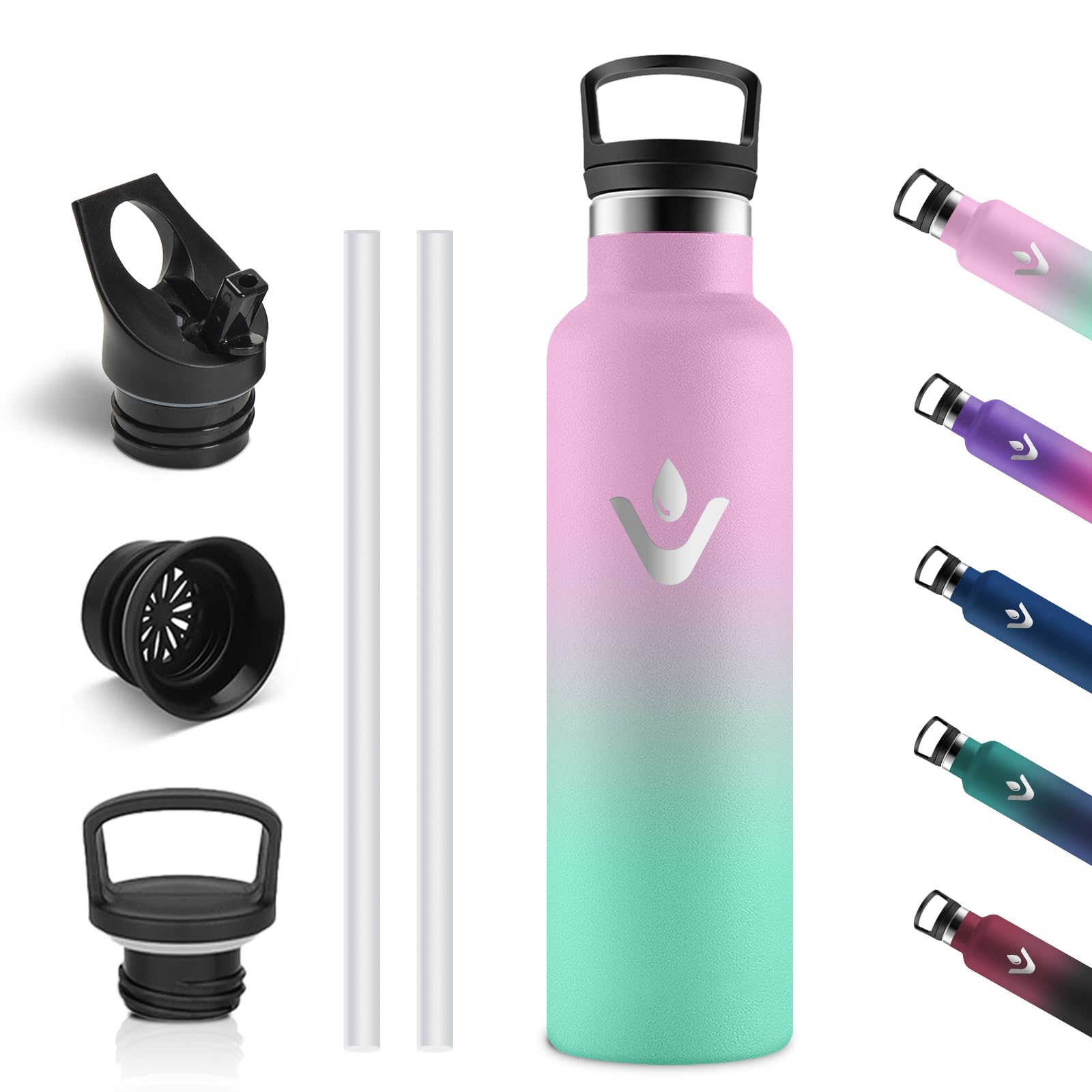 Vikastar Stainless Steel Thermos Flask 750 ml BPA-Free Drinking Bottle with Straw for School Sports Bike Camping Light Pink & Light Green