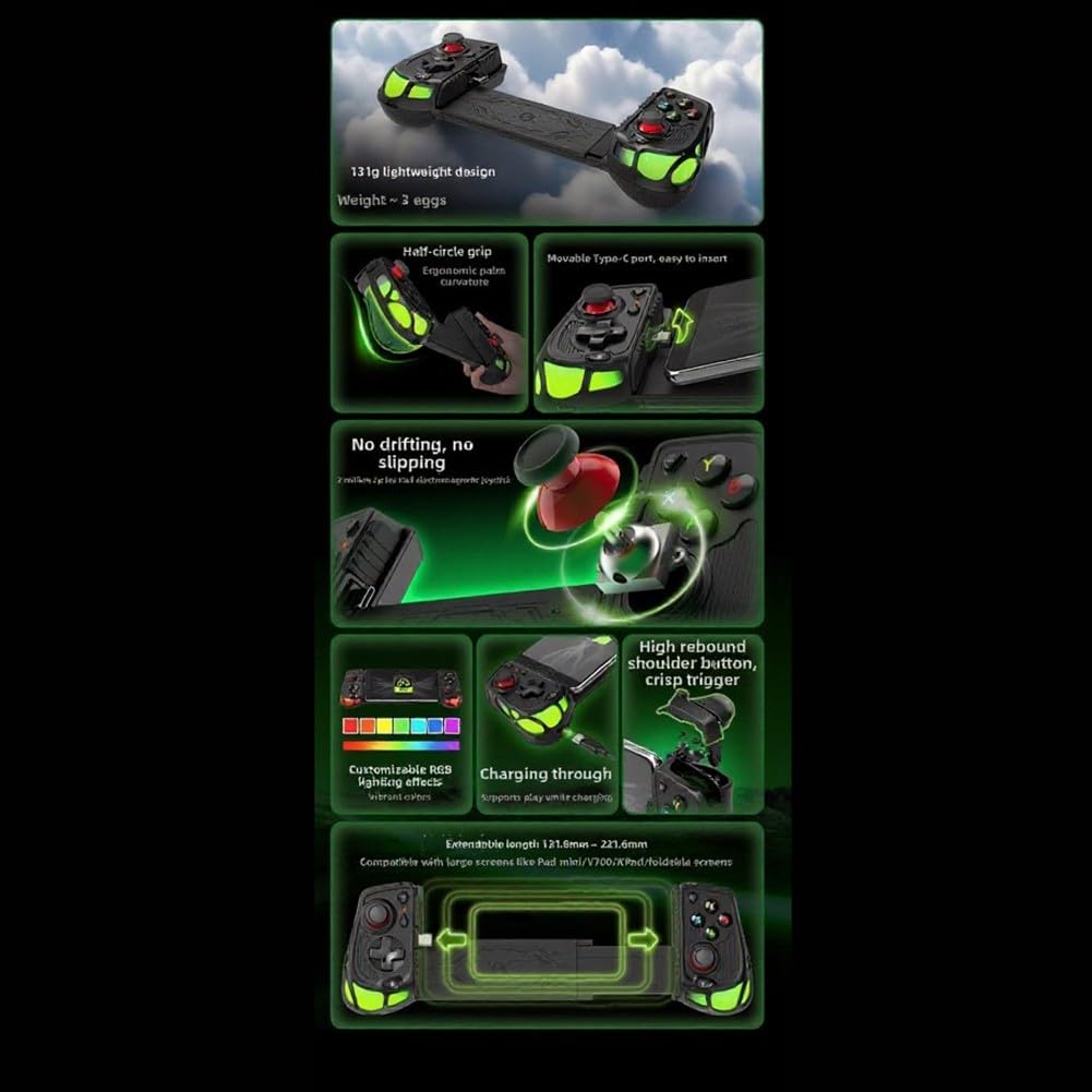 Hoppipola Controller di gioco ergonomico per Android e iOS, joystick Dual Hall per un controllo preciso, impugnatura portatile in ABS, colore nero