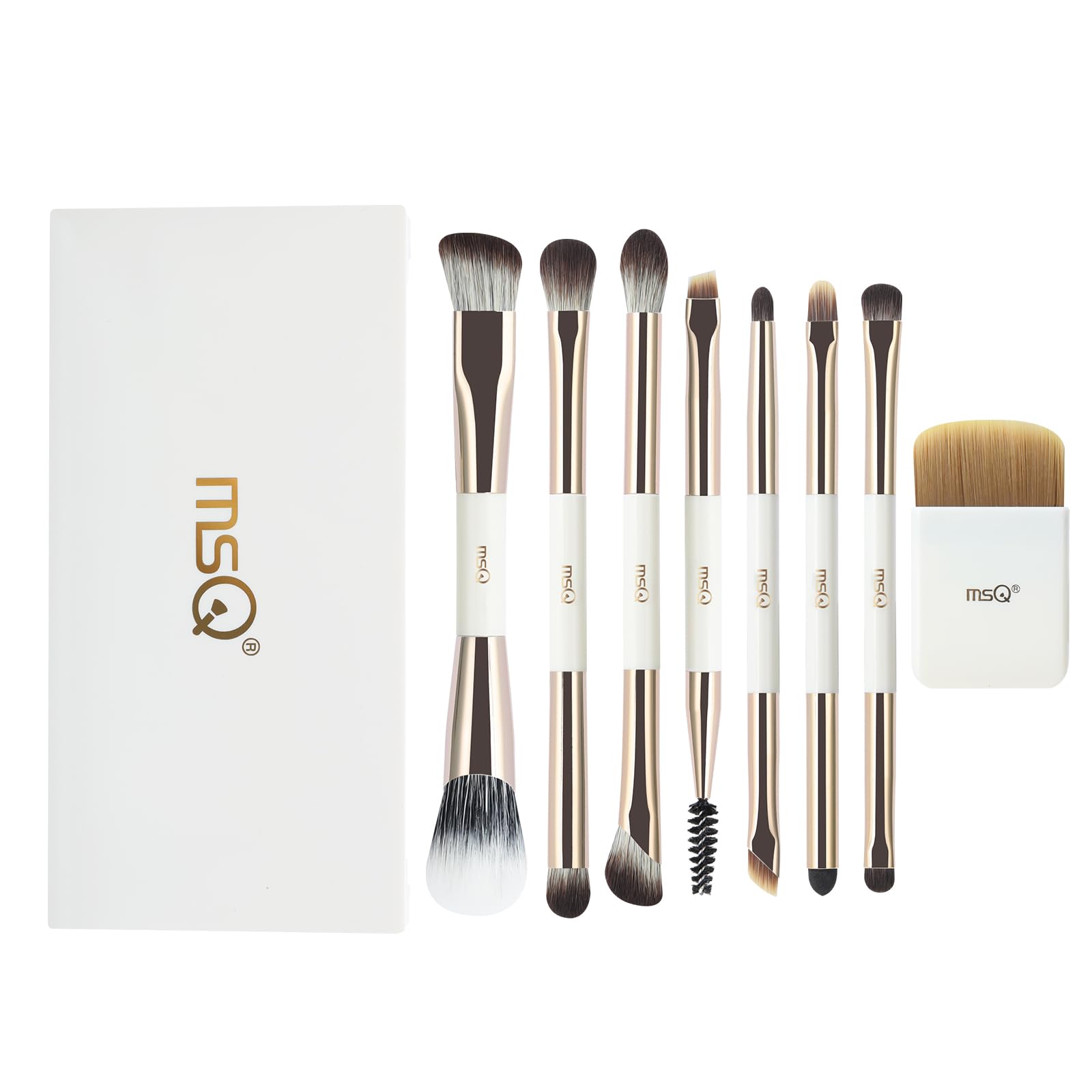 MSQ Juego de 7 pinceles de maquillaje doble extremo,1 pincel de ultrafino | Caja de esponja de limpieza de pinceles de maquillaje con espejo de maquillaje